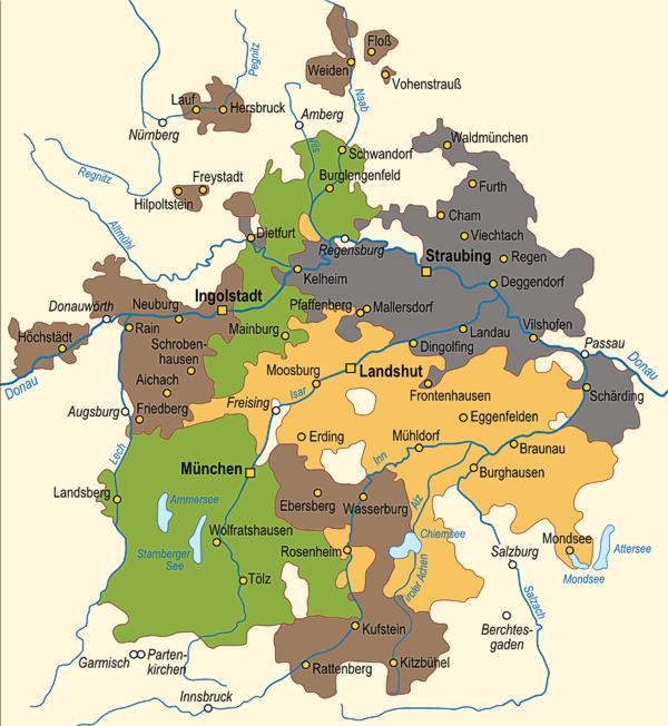 Karte der bayerischen Teilherzogtümer