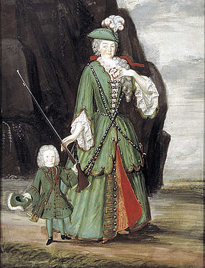 Die Markgräfin mit ihrem ältesten Sohn Georg Ludwig in Jagdkleidung auf einem Bild aus dem Kostümzyklus in Schloss Favorite