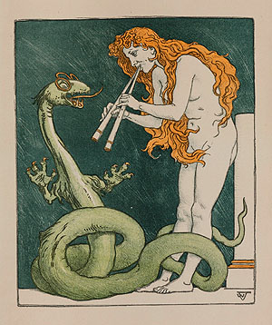 Brillenschlange - eine Frau mit langen blonden Haaren beschwört mit einer Doppelflöte eine Schlange, die eine Brille trägt