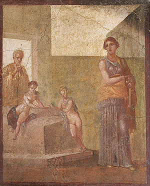 Medea kurz vor der Ermordung ihrer Kinder. Wandgemälde aus Pompeji, 62–79 n. Chr..
