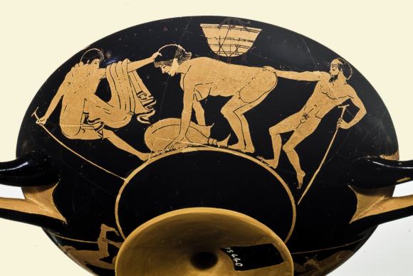 Grober Umgang mit älterer Prostituierter, Weinschale aus Athen, Ton, um 490 v. Chr. 