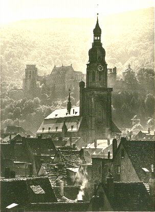 Dächerlandschaft der Stadt mit dem Turm der Heiliggeistkirche