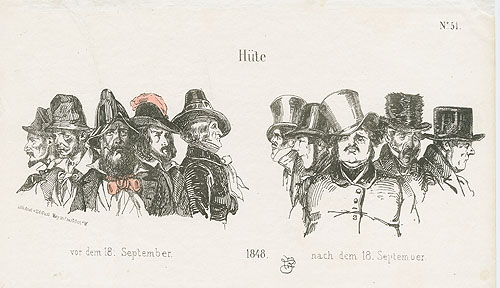 „Hüte“. Ludwig von Elliot, Druckgrafik, 1848 