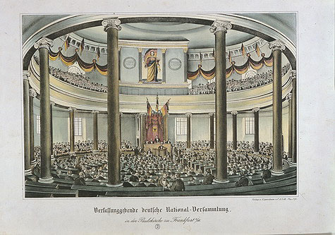 Verfassunggebende deutsche Nationalversammlung in der Paulskirche zu Frankfurt. Farblithographie, 1848 