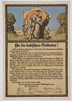 Aufruf „An die badischen Soldaten!“. Farblithografie, Karlsruhe, 1918