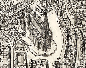 Marktplatz mit der alten Einfriedung des Münsters. Ausschnitt aus dem Pergament-Plan
