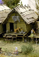 Modell eines jungsteinzeitlichen Hauses einer Feuchtbodensiedlung