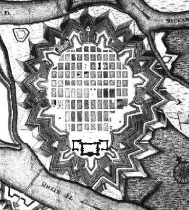 Stadtplan (Kupferstich) von Matthäus Seutter, um 1725, mit Quadratestruktur und Schlossbezirk