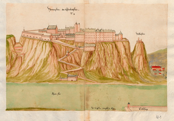 Daniel Specklin, Ansicht der Festung Ehrenbreitstein, 1567. Generallandesarchiv Karlsruhe (Hfk Planbände XVII). © Generallandesarchiv Karlsruhe 