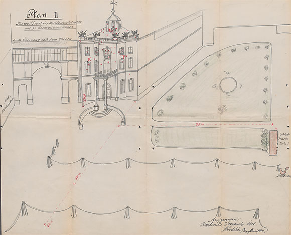 Plan II der Schüsse auf das Karlsruher Residenzschloss am 11./12. November 1918 auf die Schlossfront nach dem Seepferd, aufgenommen am 7.12.1918 von Wachtmeister Stöcklin; GLA Karlsruhe 243, Nr. 912