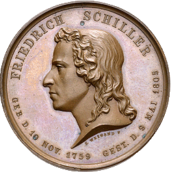 Vorderseite der Medaille aus dem Jahr 1871 auf das Schiller-Denkmal in Berlin, Münzkabinett Landesmuseum Württemberg.