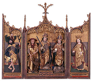 Kilians-Altar. Württembergisch-Franken, um 1470/80. Leihgabe aus dem Historischen Museum Basel. In aufgeklapptem Zustand