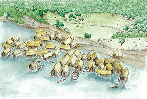 Rekonstruktion der Siedlung Hornstaad Hörnle 1 kurz vor dem Brand, um 3910 v. Chr.