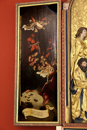 Marienaltar im Klostermuseum Salem. Seitenflügel mit der Darstellung der Geburt Christi.