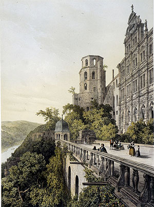 Schloss Heidelberg, Altan und Glockenturm. Stahlstich, 1844