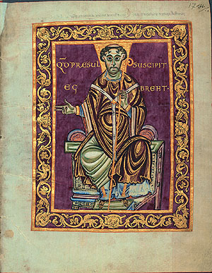 Illumination aus dem Egbert-Psalter mit den Bild des thronenden Erzbischofs Egbert.