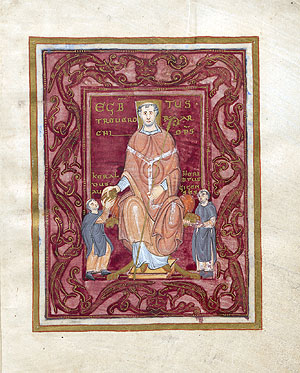 Zwei Reichenauer Mönche überreichen Bischof Egbert die Handschrift