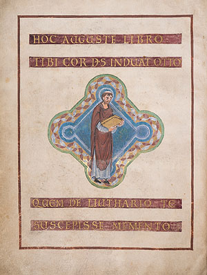 Widmungsbild der Hndschrift: Der Mönch Liuthar überreicht das Buch dem Kaiser, wohl Otto III.