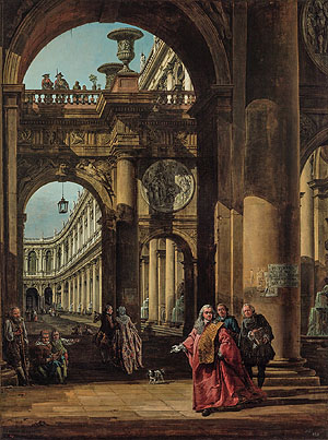 Bellotto (1722–1780): Architekturfantasie mit Selbstbildnis in den Roben eines venezianischen Edelmannes, um 1765 